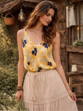 Time and Tru Tank Women’s Small Size 4-6  Floral Sleeveless‎ V Neck Casual Top